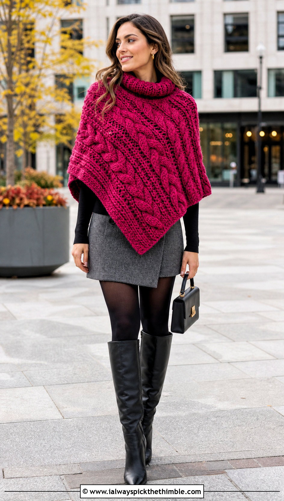 Cable Texture Crochet Poncho With A Mini Skirt And Tall Boots - 25 crochet poncho outfit ideas