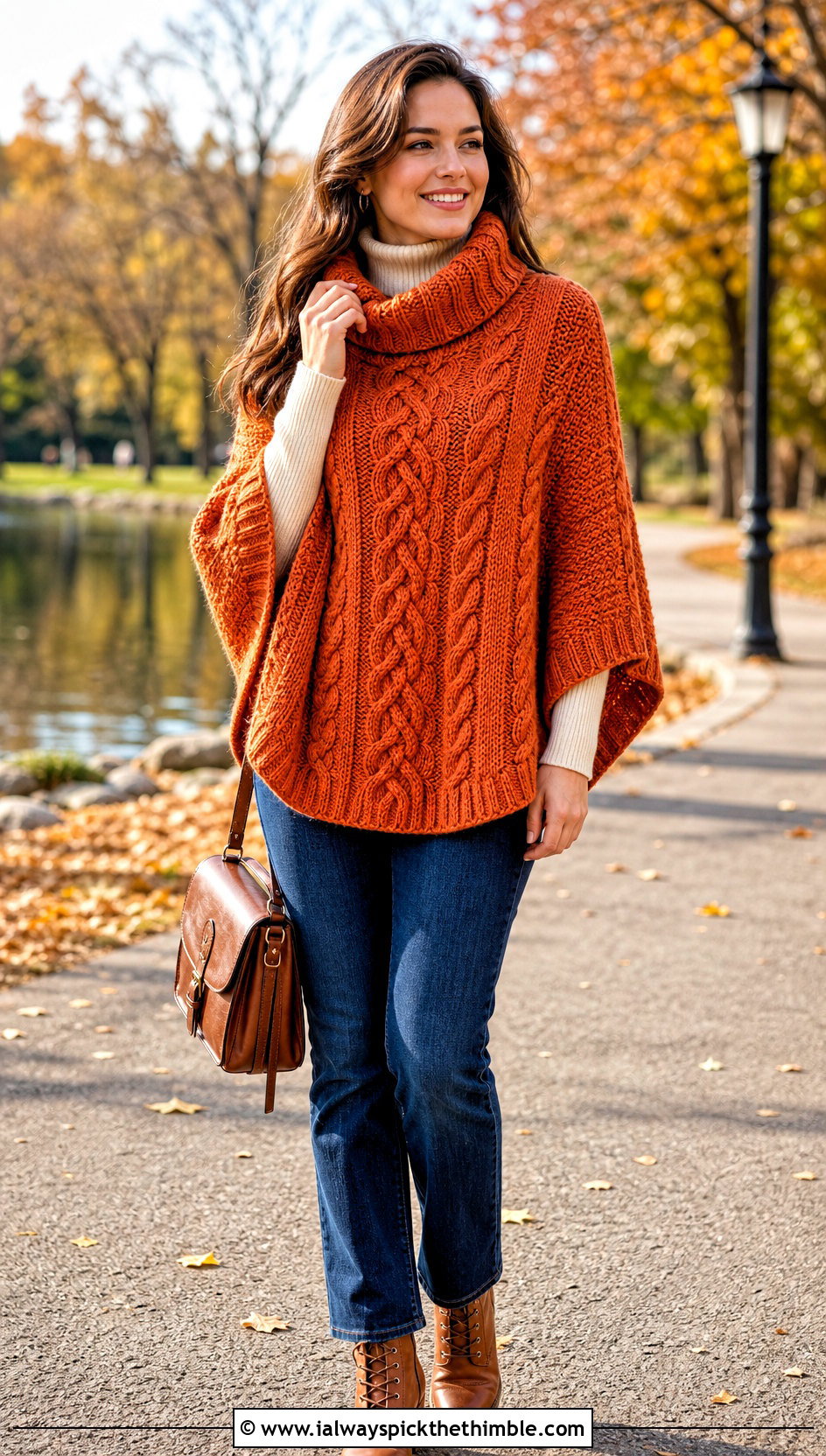 Cable Texture Crochet Poncho With Straight Leg Jeans - 25 crochet ponchos outfit ideas