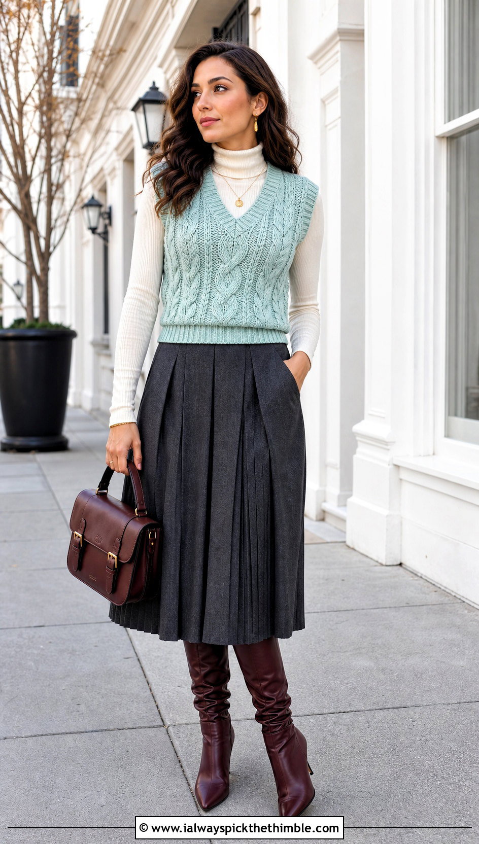 Cable Texture Crochet Pullover Vest With Pleated Midi Skirt - 15 crochet pullover vest outfit ideas