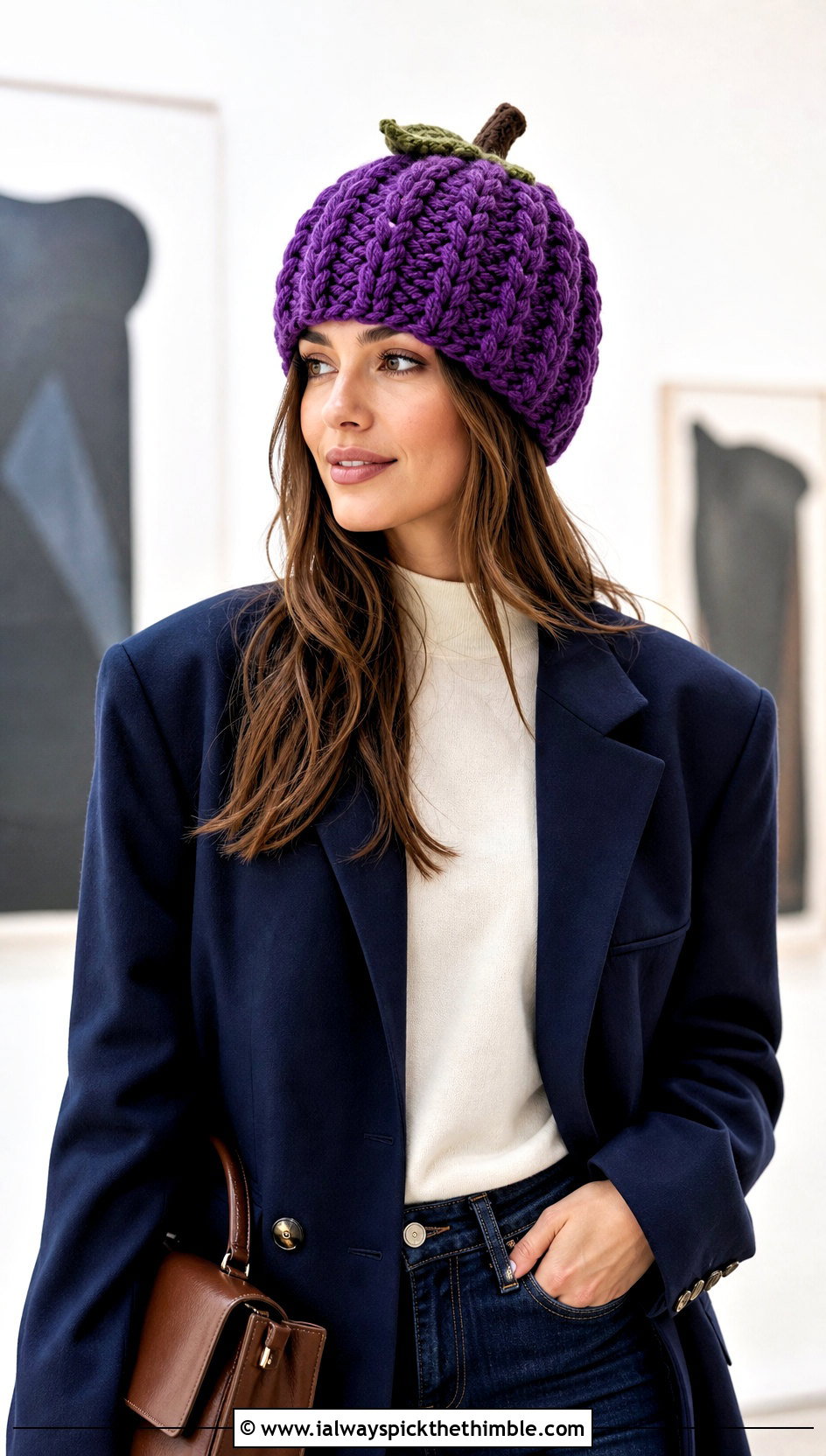 Cable Texture Crochet Pumpkin Beanie With Blazer - 20 crochet pumpkin beanie outfit ideas