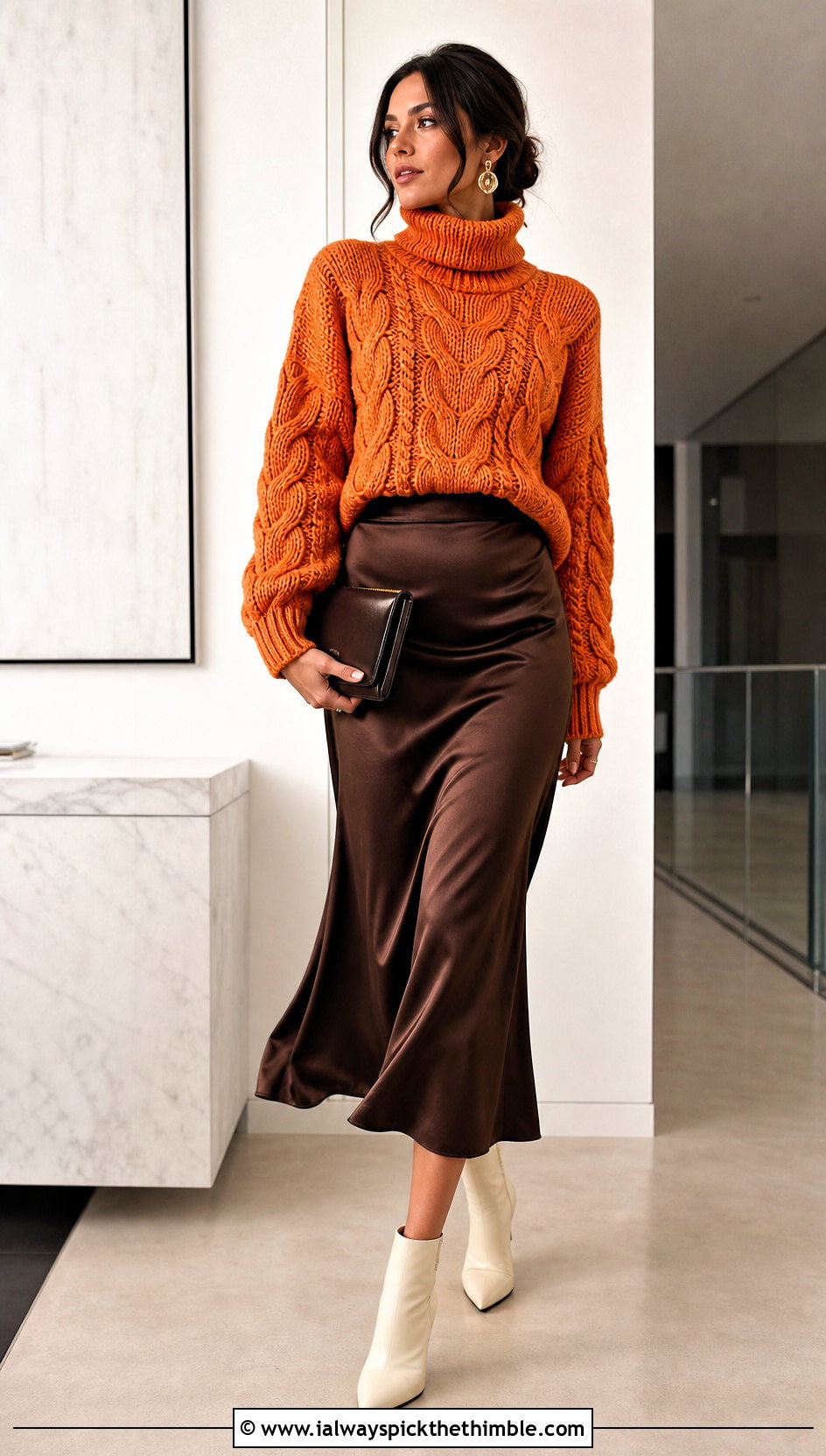 Cable Texture Crochet Roll Neck Sweater With Satin Midi Skirt - 20 Crochet Roll Neck Sweater outfit ideas