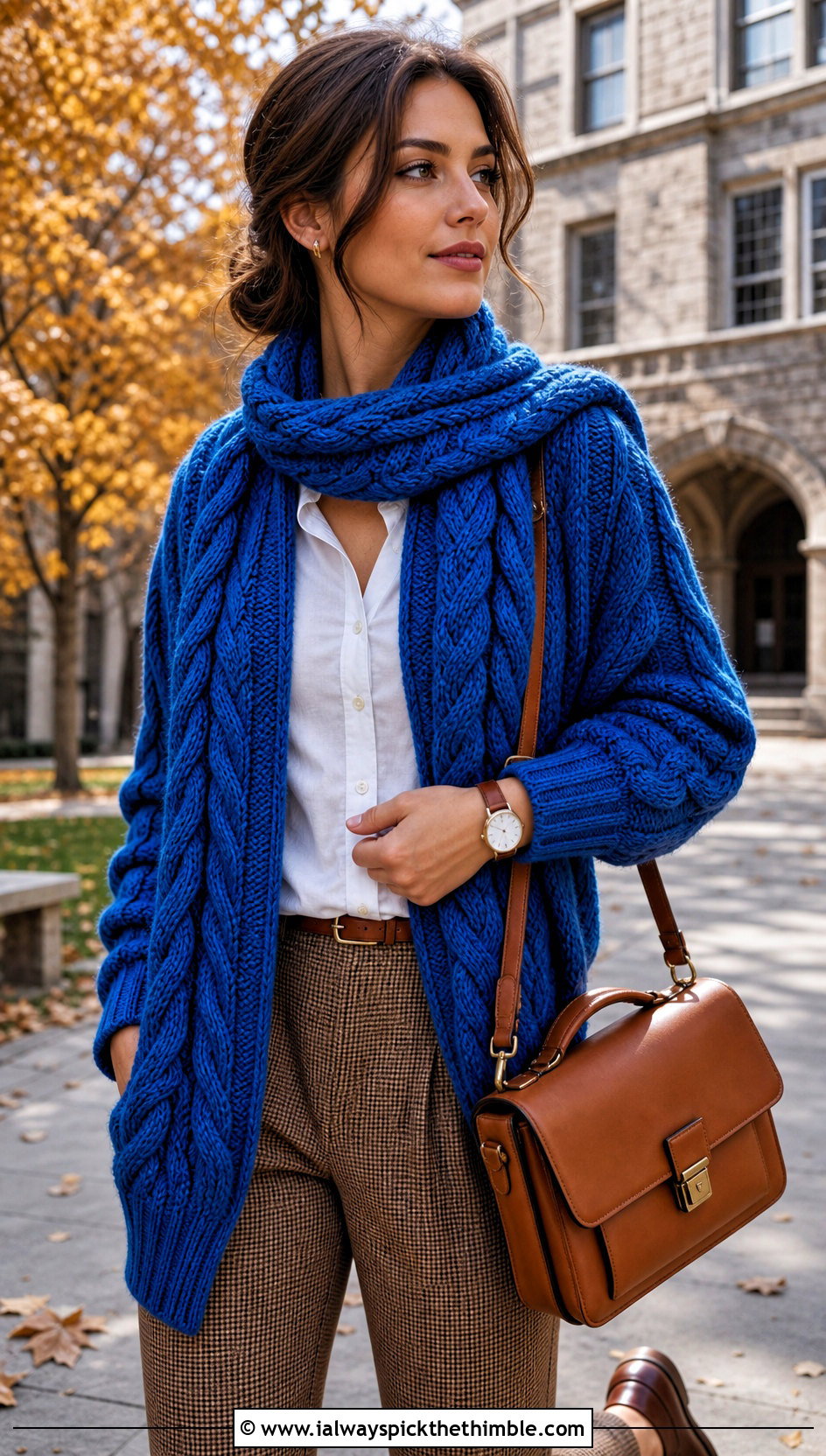 Cable Texture Crochet Scarf With Sleeves And Plaid Trousers - 15 Crochet For Scarf With Sleeves outfit ideas