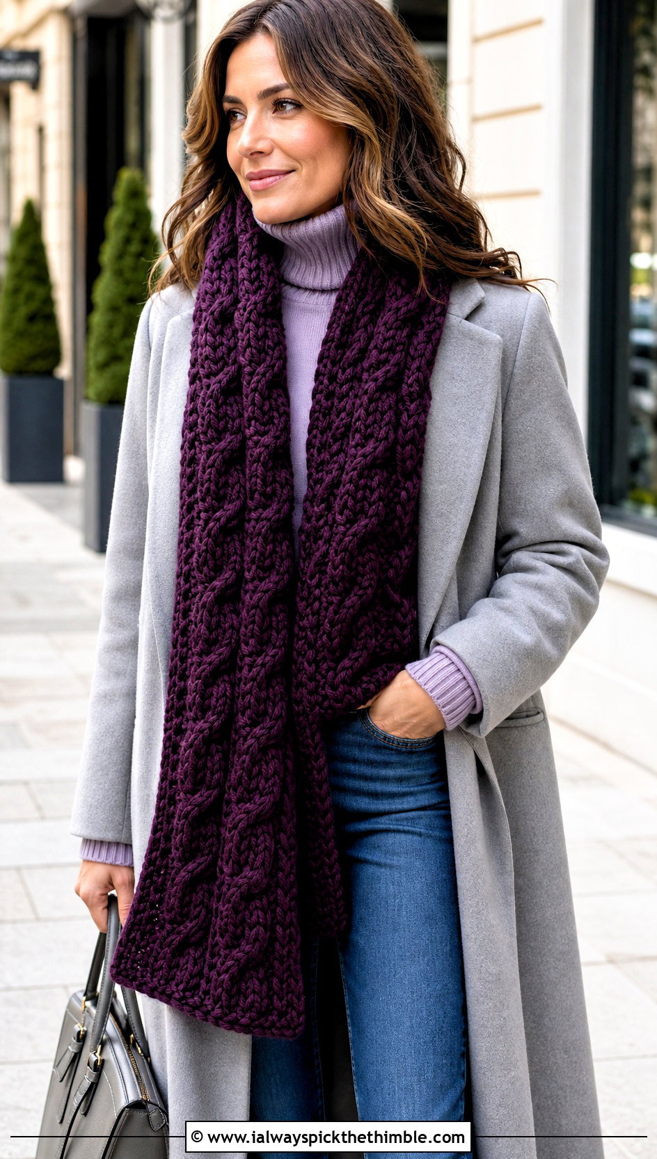 Cable Texture Crochet Scarf With Wool Coat - 20 autumn crochet scarf outfit ideas