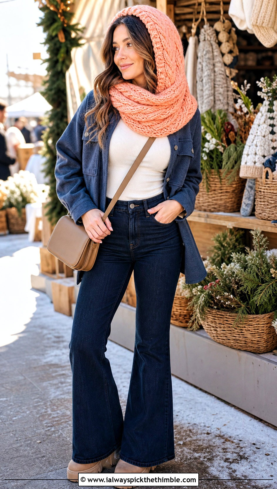 Cable Texture Crochet Scoodie With Shacket And Flare Jeans - 20 crochet scarf hood outfit ideas