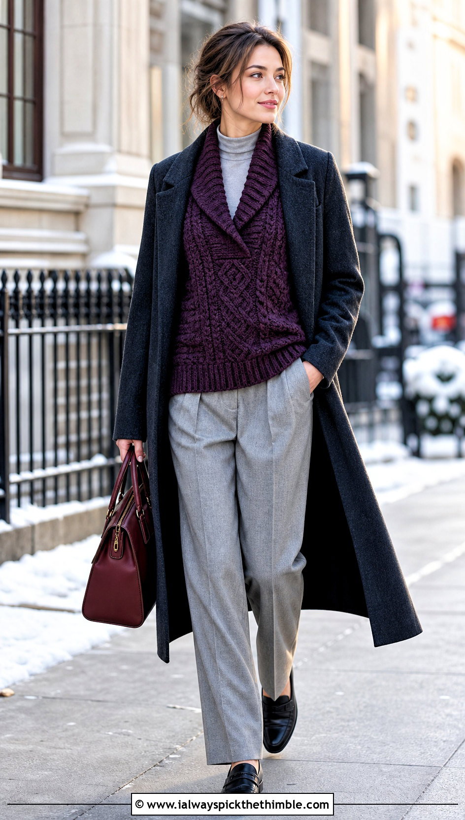 Cable Texture Crochet Shawl Collar Sweater With Wool Trousers - 20 Crochet Shawl Collar Sweater outfit ideas