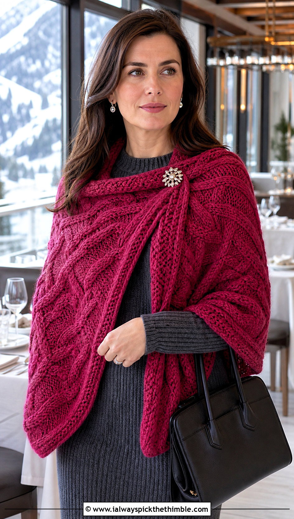 Cable Texture Crochet Shawl With Knit Dress - 20 winter crochet shawl outfit ideas
