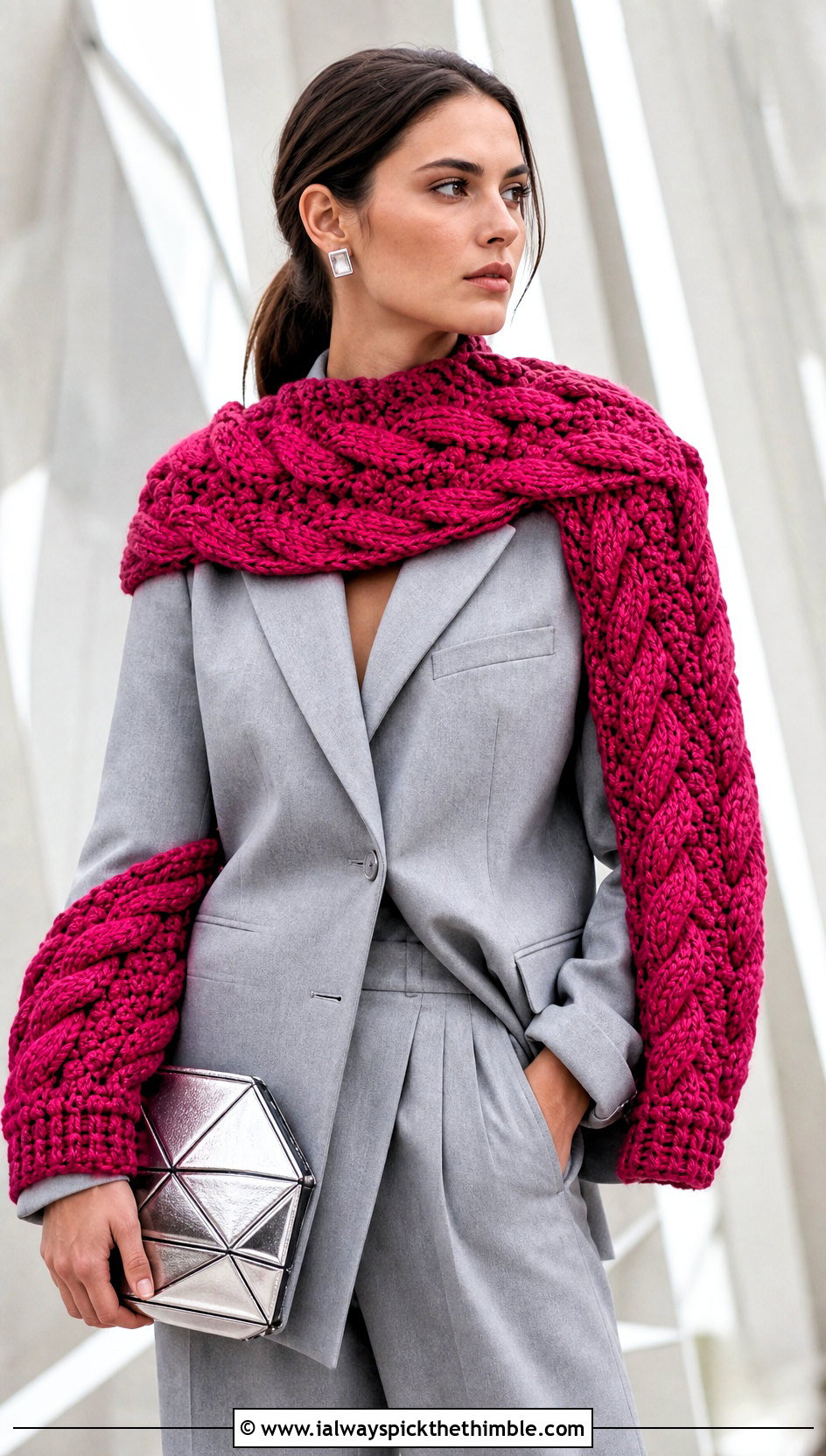 Cable Texture Crochet Sleeve Scarf With Monochrome Suit - 20 crochet sleeve scarf outfit ideas
