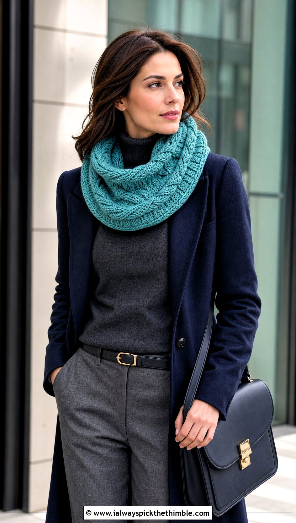 Cable Texture Crochet Snood Scarf With Tailored Coat - 20 crochet snood scarf outfit ideas