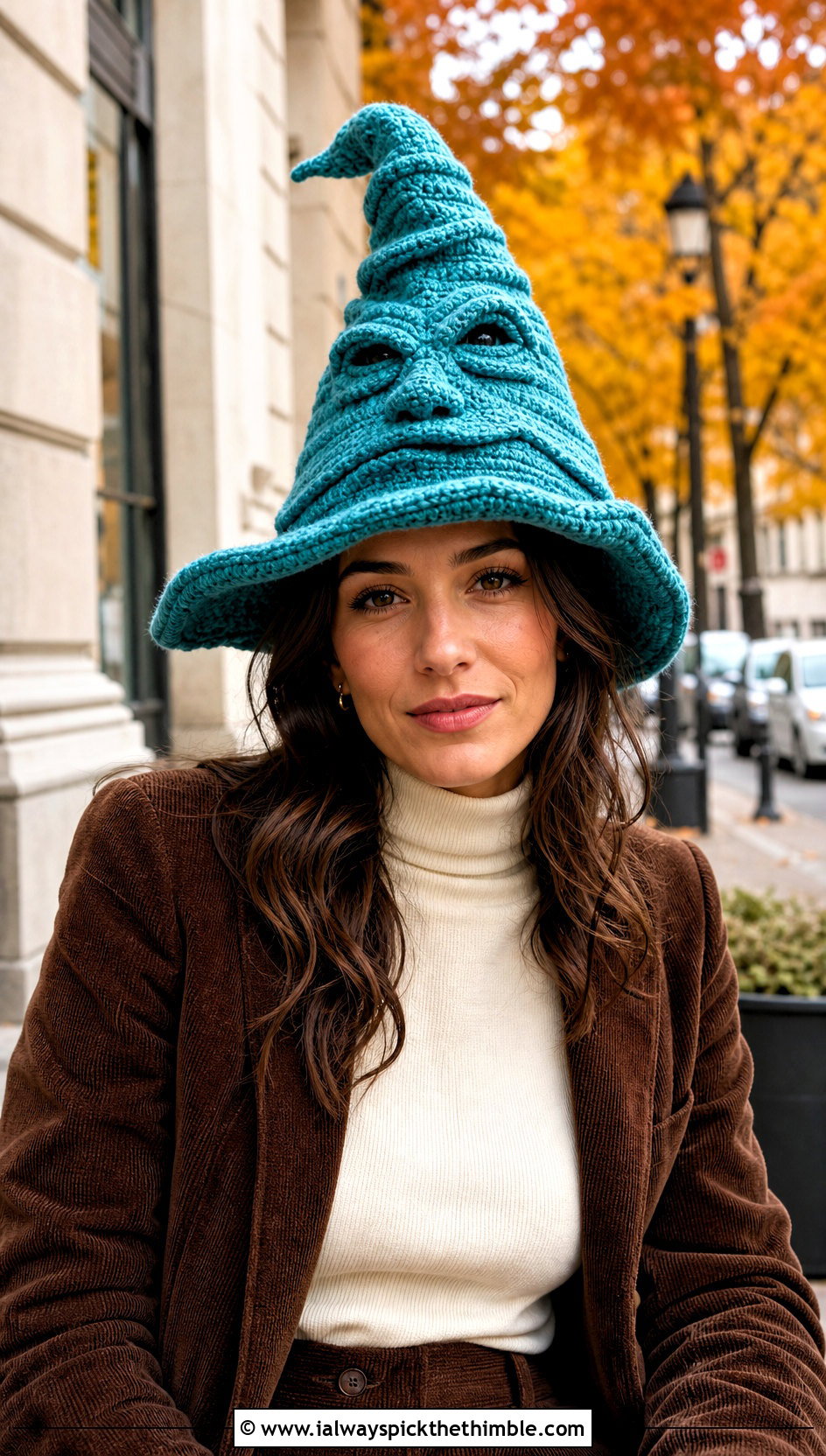 Cable Texture Crochet Sorting Hat With Corduroy Suit - 25 crochet sorting hat outfit ideas