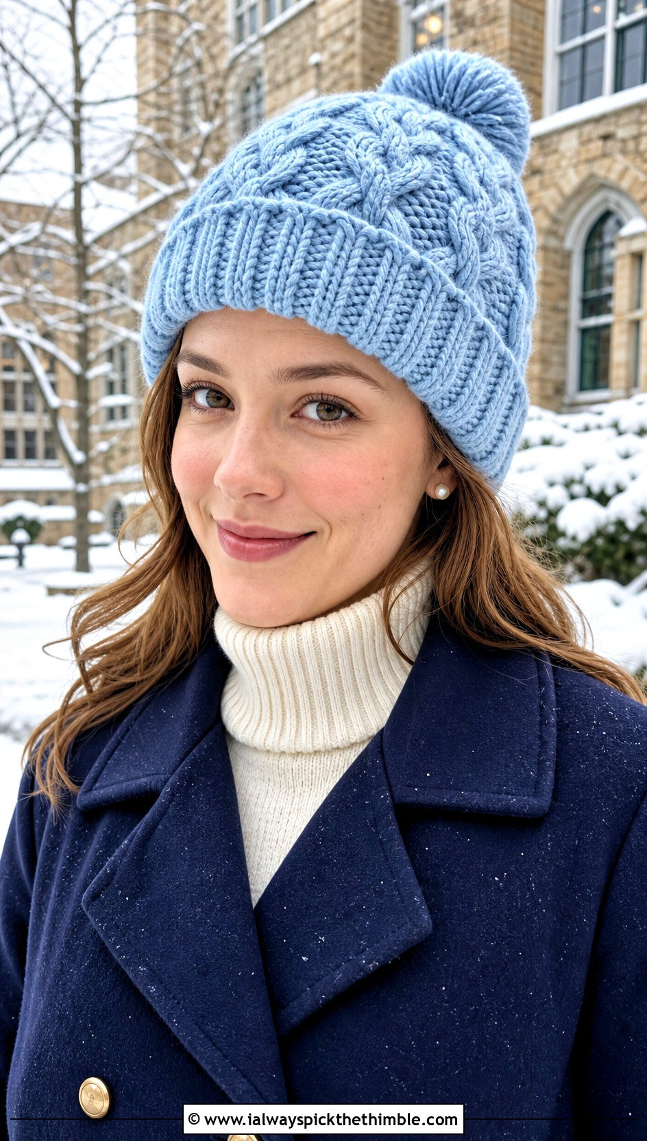 Cable Texture Crochet Stocking Hat With Peacoat And Pleated Skirt - 20 easy crochet stocking hat outfit ideas