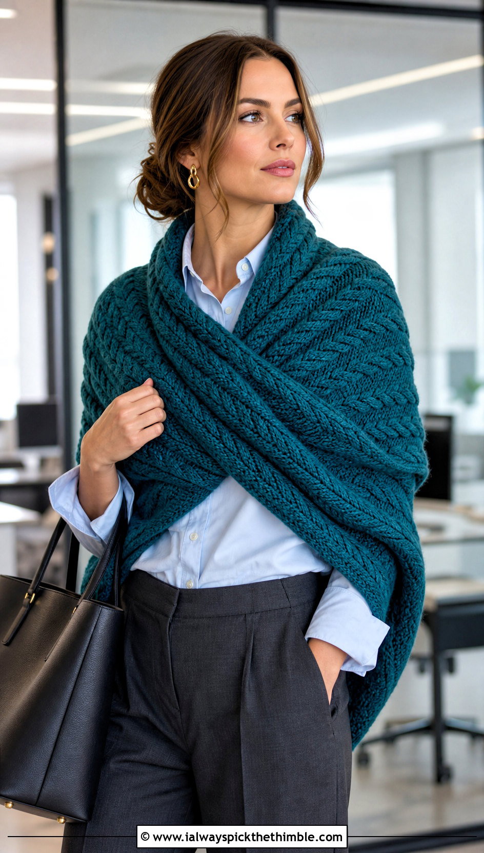 Cable Texture Crochet Sweater Scarf Wrap With Pleated Trousers - 20 crochet scarf sweater wrap outfit ideas