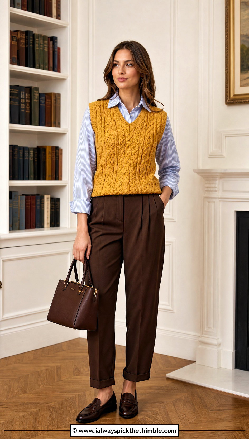 Cable Texture Crochet Sweater Vest With Pleated Trousers - 25 crochet sweater vest outfit ideas