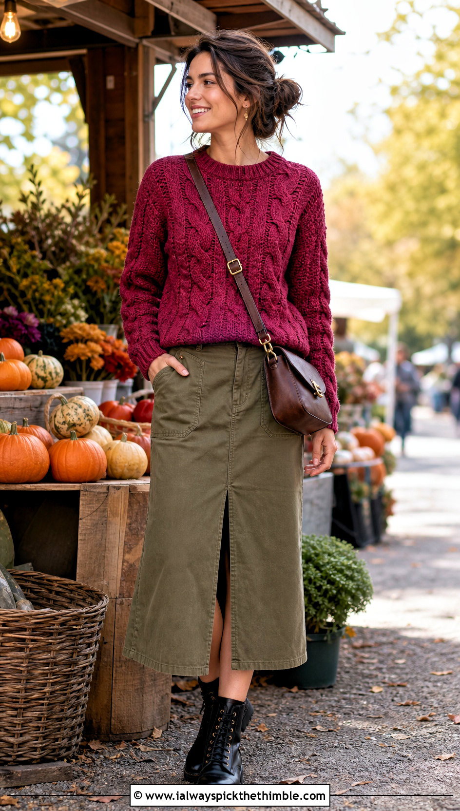 Cable Texture Crochet Sweater With A Utility Skirt - 25 crochet sweater outfit ideas