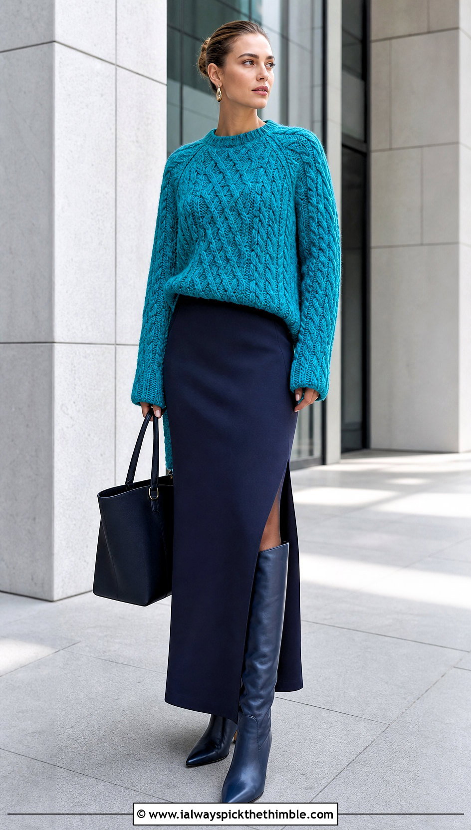 Cable Texture Crochet Sweater With Column Maxi Skirt - 20 crochet sweater and skirt outfit ideas