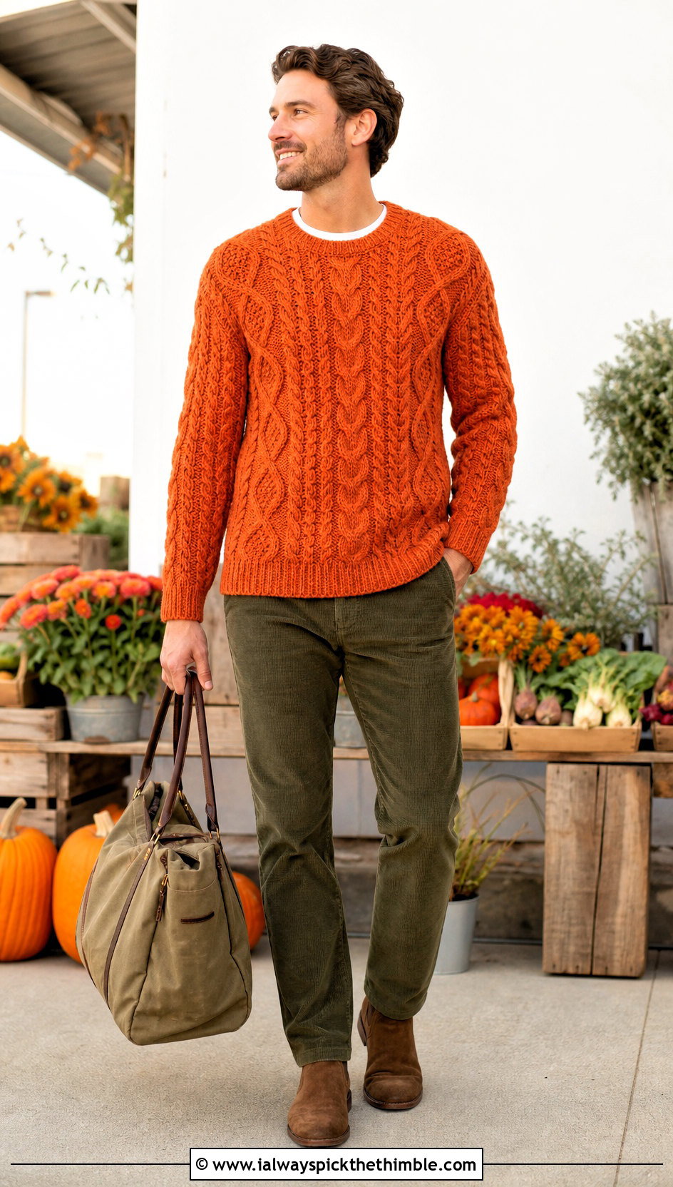 Cable Texture Crochet Sweater With Corduroy Pants - 25 crochet mens sweater outfit ideas