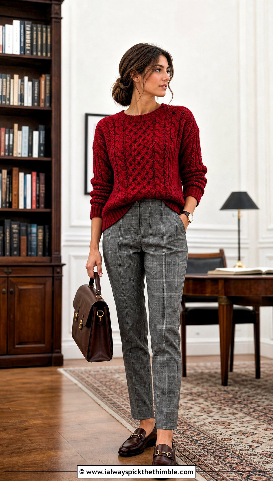 Cable Texture Crochet Sweater With Plaid Trousers - 25 crochet sweater design outfit ideas