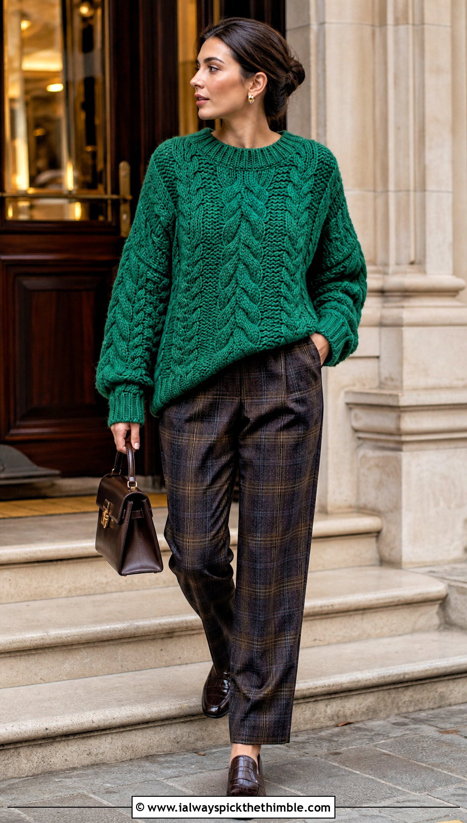 Cable Texture Crochet Sweater With Plaid Trousers - 25 oversized crochet sweater outfit ideas