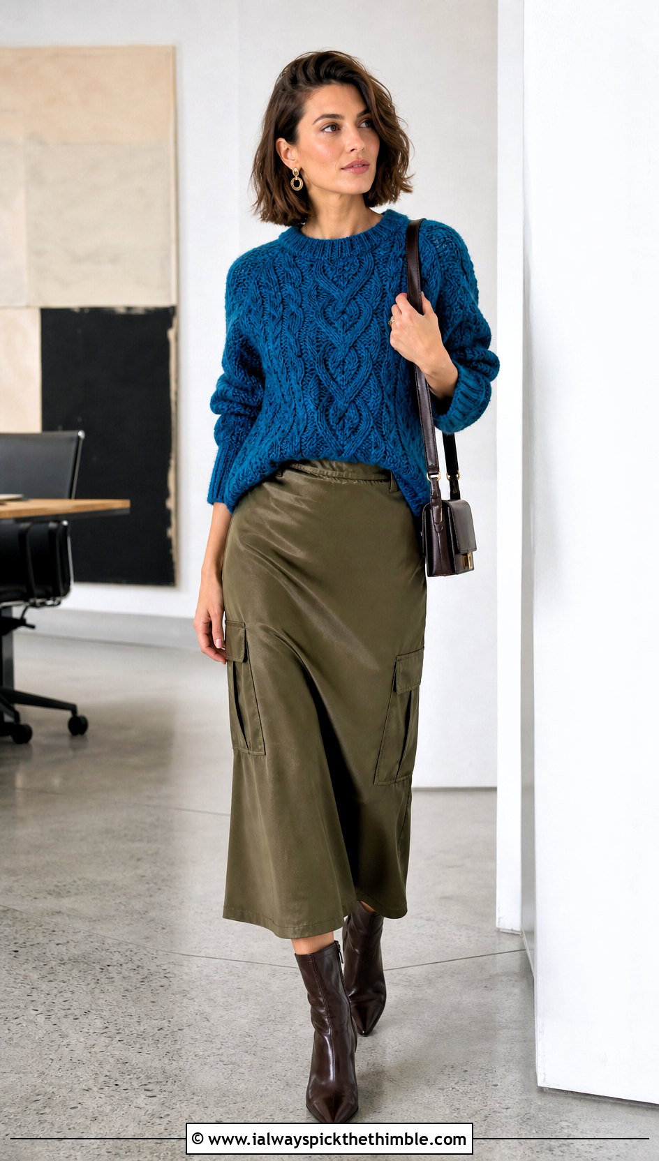 Cable Texture Crochet Sweater With Satin Cargo Skirt - 25 diy crochet sweater outfit ideas