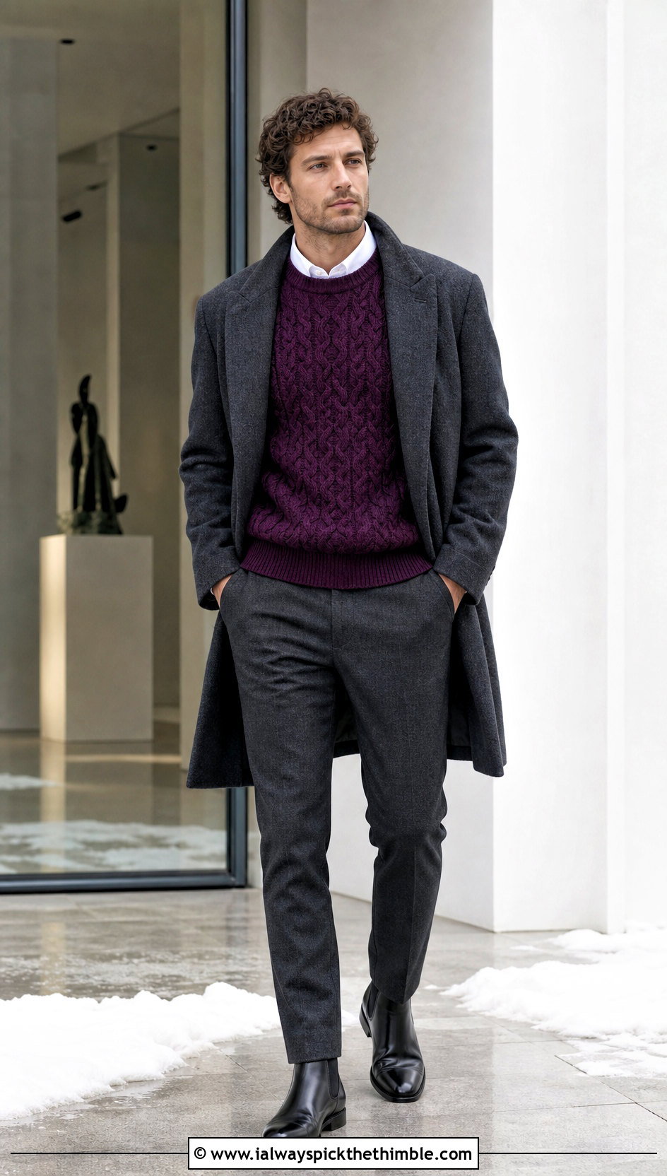 Cable Texture Crochet Sweater With Wool Trousers - 25 crochet man sweaters outfit ideas