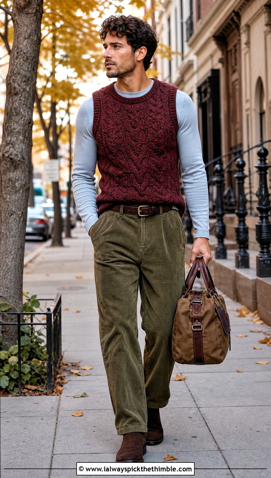 Cable Texture Crochet Tank Top With Corduroy Trousers - 20 crochet mens tank top outfit ideas