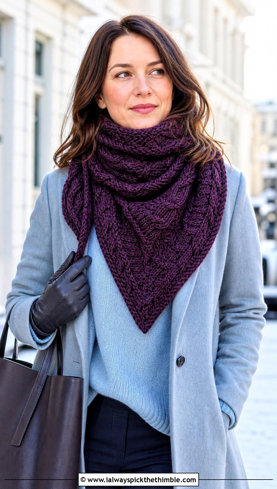 Cable Texture Crochet Triangle Shawl With Wool Coat And Jeans - 25 crochet triangle shawl outfit ideas
