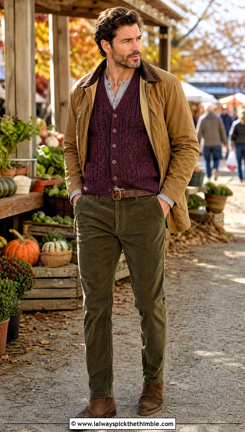 Cable Texture Crochet Vest With Corduroy Pants - 25 crochet vest for men outfit ideas