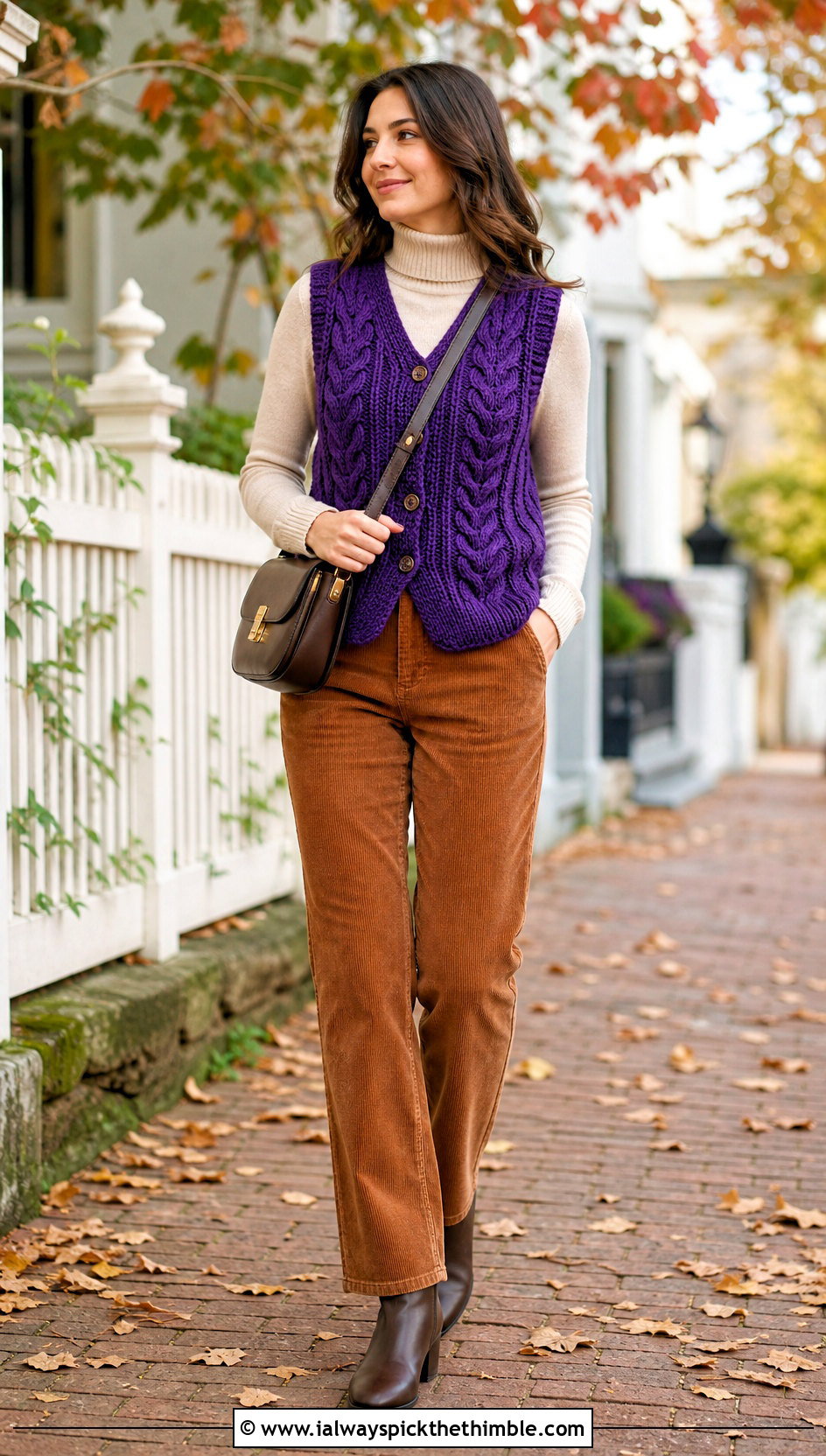 Cable Texture Crochet Waistcoat With Corduroy Pants - 25 crochet waistcoat outfit ideas