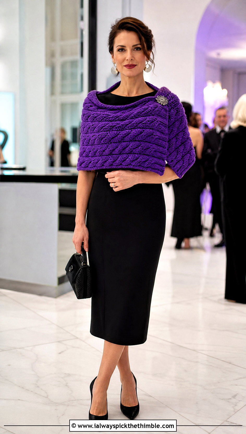 Cable Texture Crochet Wide Scarf With Black Dress - 20 Crochet Wide Scarf outfit ideas