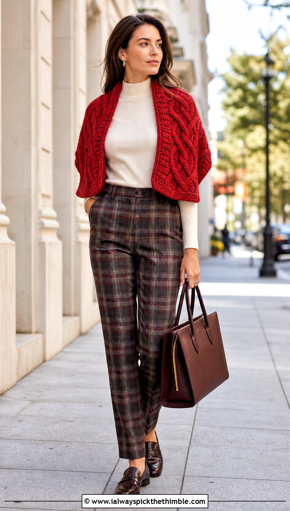Cable Texture Crochet Wrap Around Shrug With Plaid Trousers - 20 Crochet Wrap Around Shrug outfit ideas