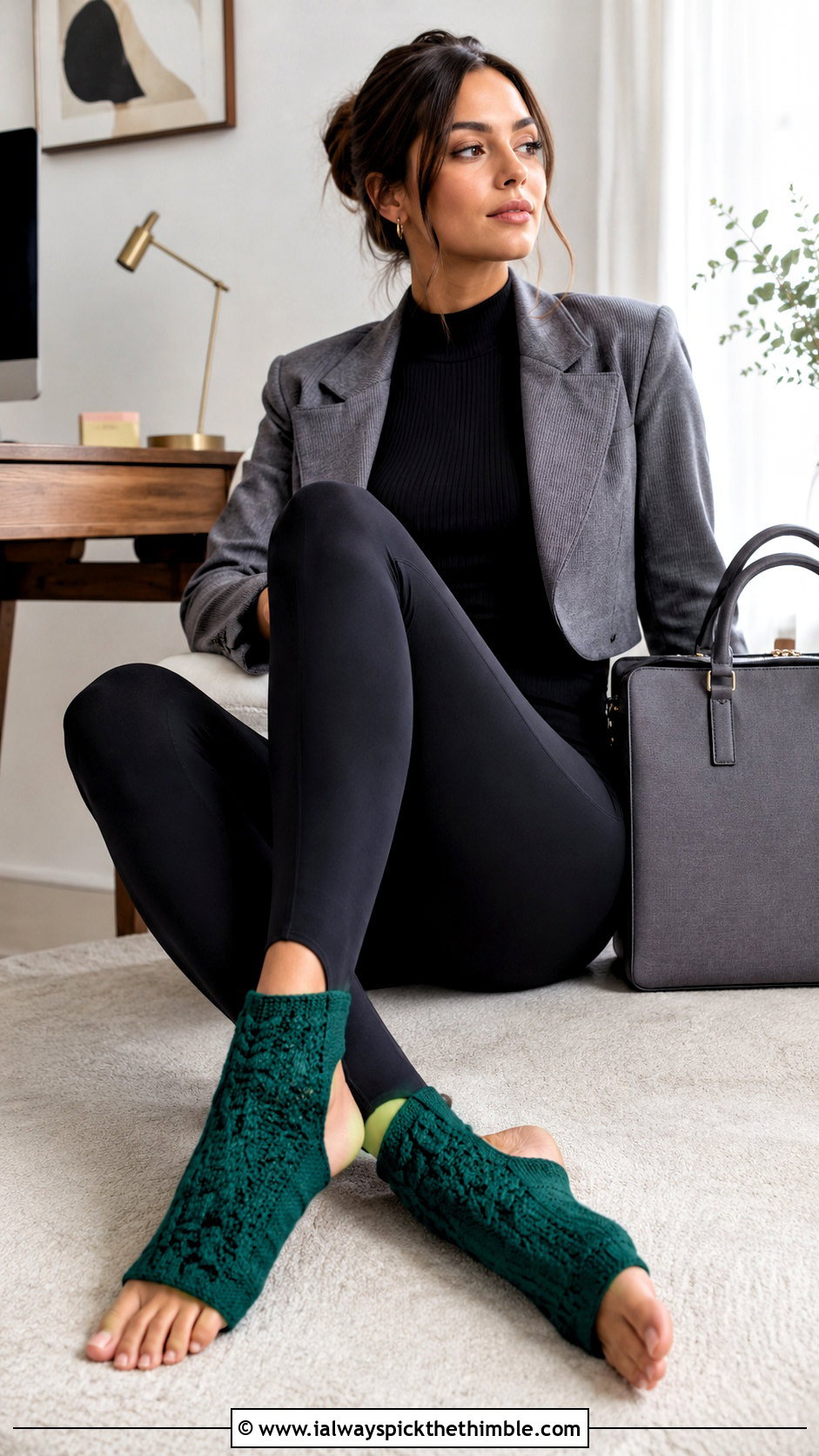 Cable Texture Crochet Yoga Socks With Stirrup Leggings - 25 crochet yoga socks outfit ideas