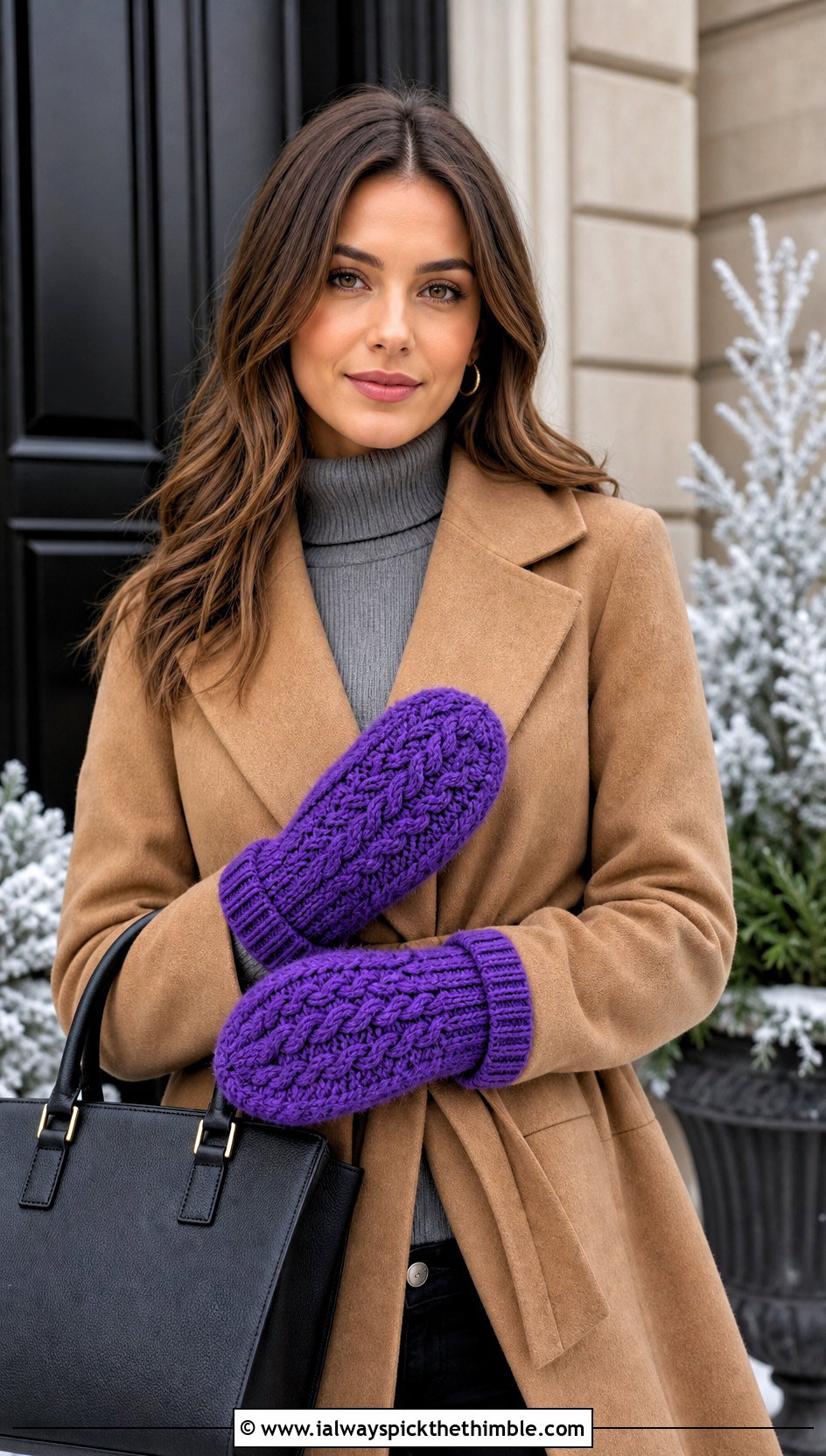 Cable Texture Crocheted Mittens With Wool Coat - 20 Easy Crocheted Mittens outfit ideas