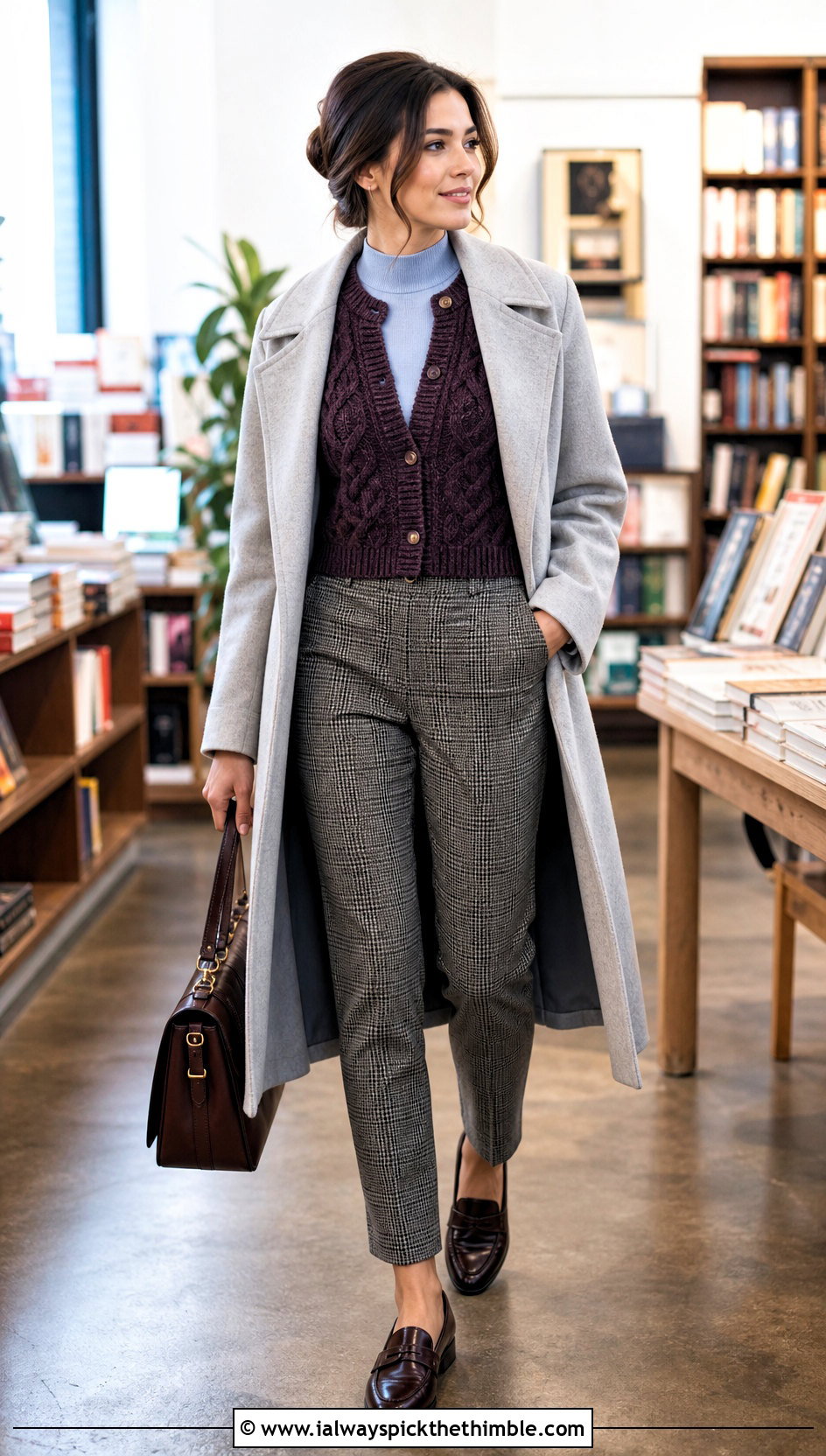 Cable Texture Cropped Crochet Cardigan With Plaid Trousers - 25 cropped crochet cardigan outfit ideas