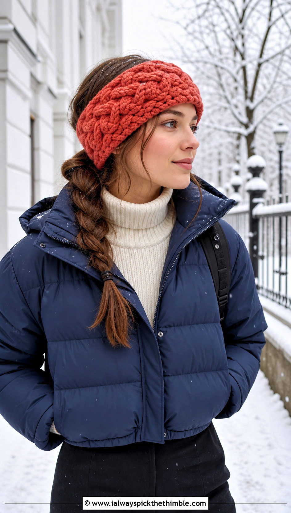 Cable Texture Elastic Crochet Headband With Puffer Jacket And Boots - 20 Crochet Headbands With Elastic outfit ideas