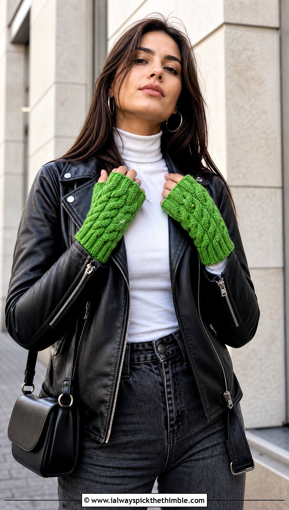 Cable Texture Fingerless Gloves With Leather Jacket - 20 Crochet Fingerless Gloves Bulky Yarn outfit ideas