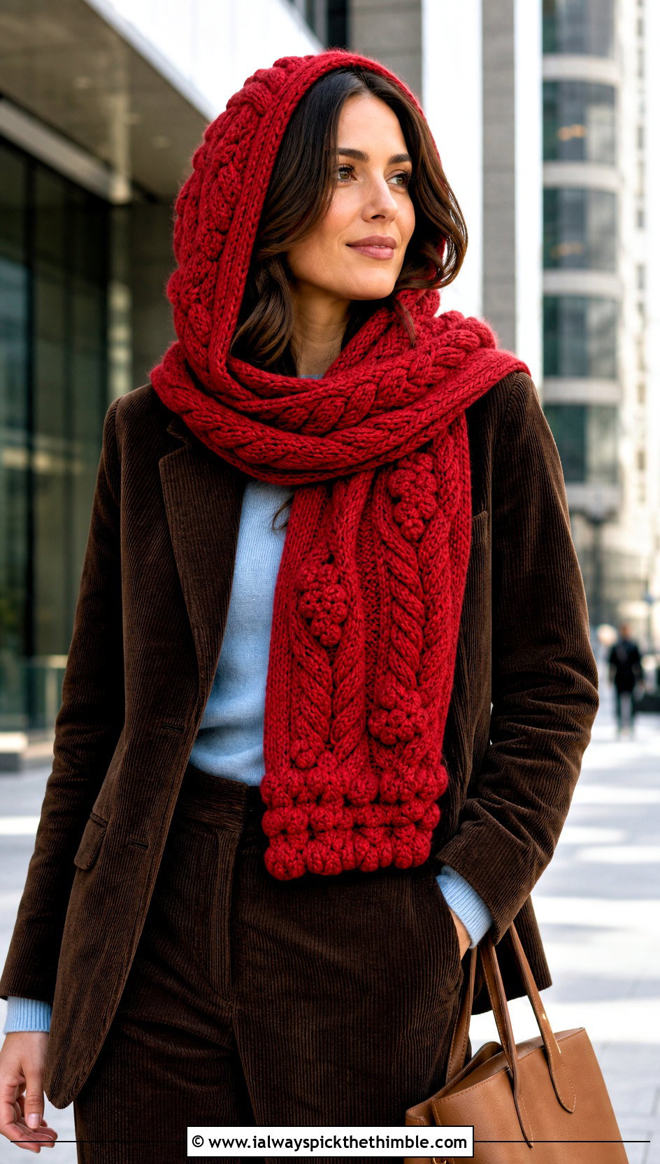 Cable Texture Hooded Scarf With Corduroy Suit - 20 Crochet Hoodie Scarf outfit ideas