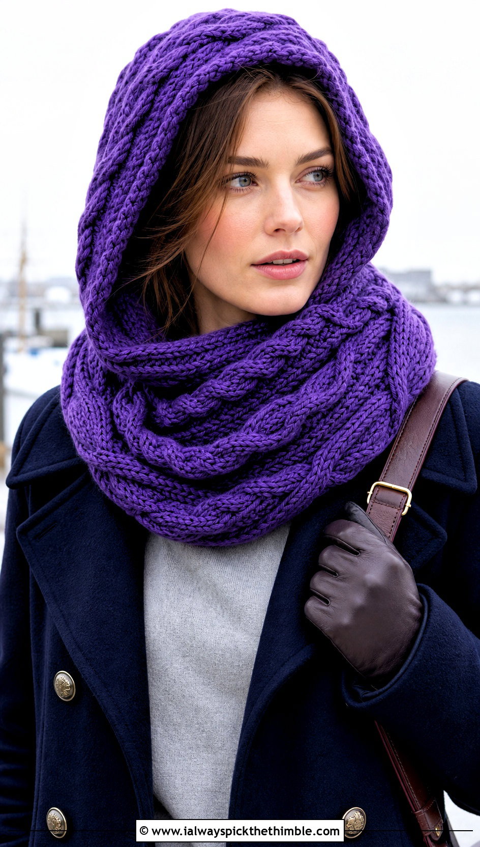 Cable Texture Hooded Scarf With Peacoat - 20 crochet scarf with hood outfit ideas