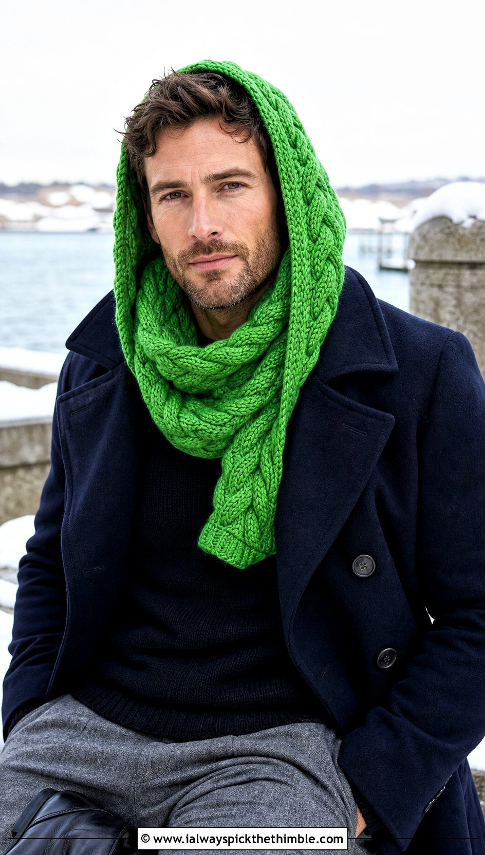 Cable Texture Hooded Scarf With Peacoat - 20 Crochet Hooded Scarf For Men outfit ideas
