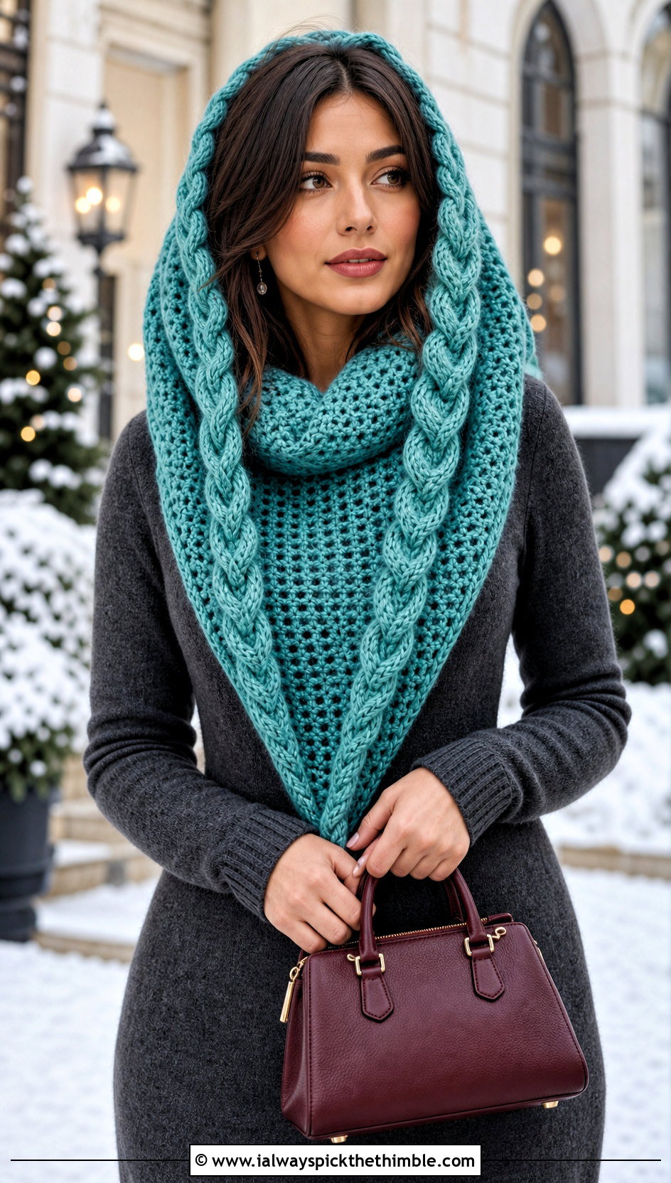 Cable Texture Hooded Triangle Crochet Scarf With Sweater Dress - 20 Hooded Triangle Crochet Scarf outfit ideas