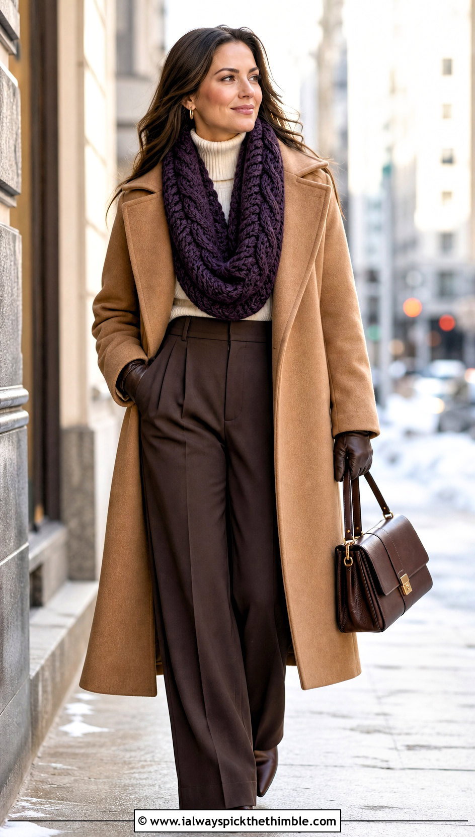 Cable Texture Infinity Crochet Scarf With Wool Coat - 15 Infinity Crochet Scarf outfit ideas