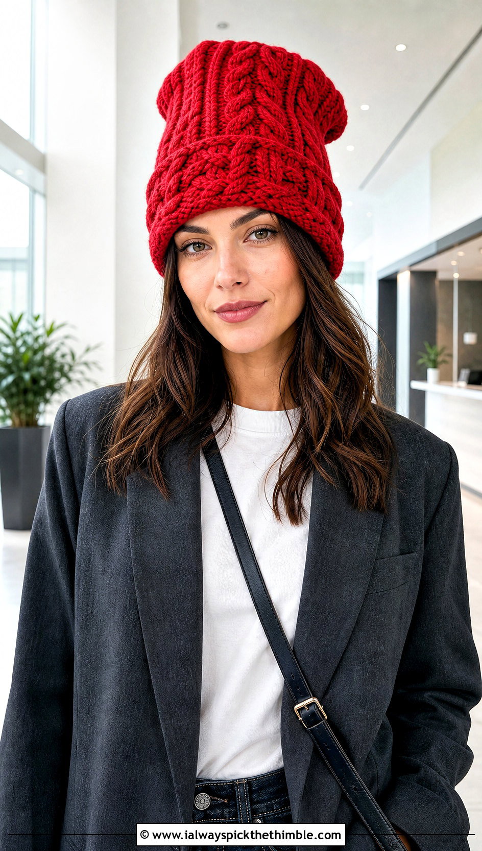 Cable Texture Long Crochet Hat With Blazer And Jeans - 20 crochet long hat outfit ideas
