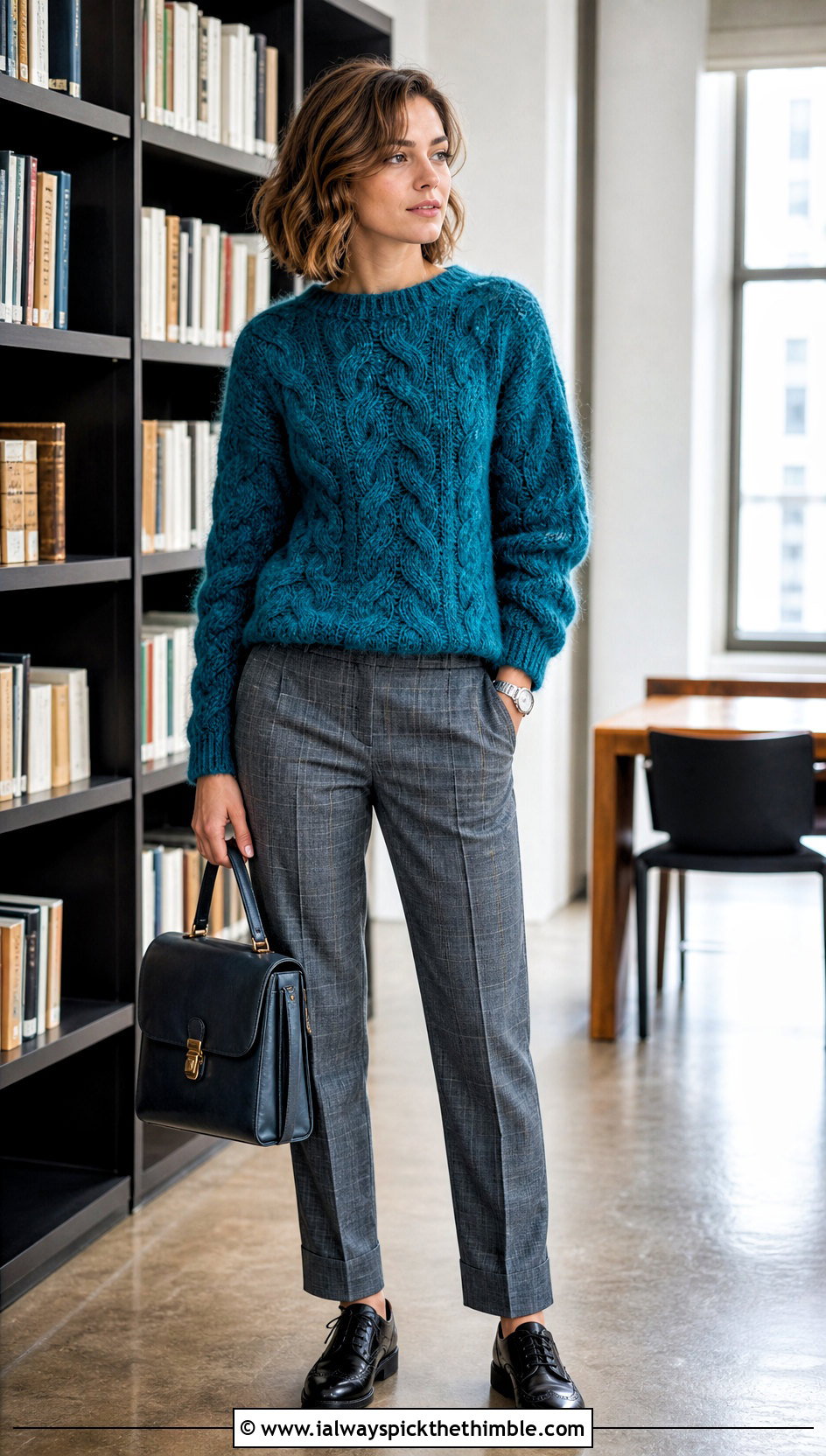 Cable Texture Mohair Crochet Sweater With Plaid Trousers - 25 mohair crochet sweater outfit ideas