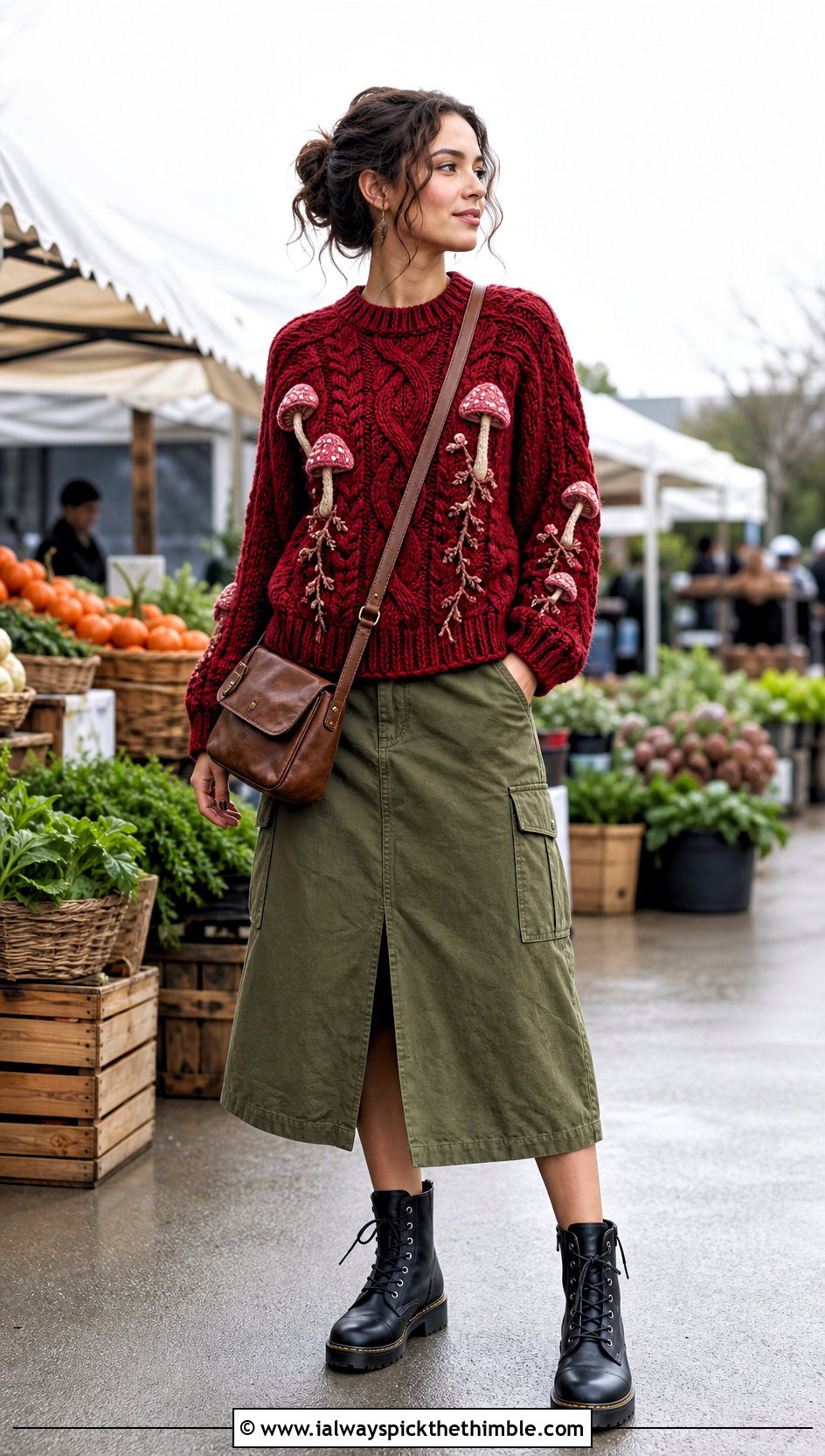 Cable Texture Mushroom Crochet Sweater With Utility Skirt - 20 mushroom crochet sweater outfit ideas