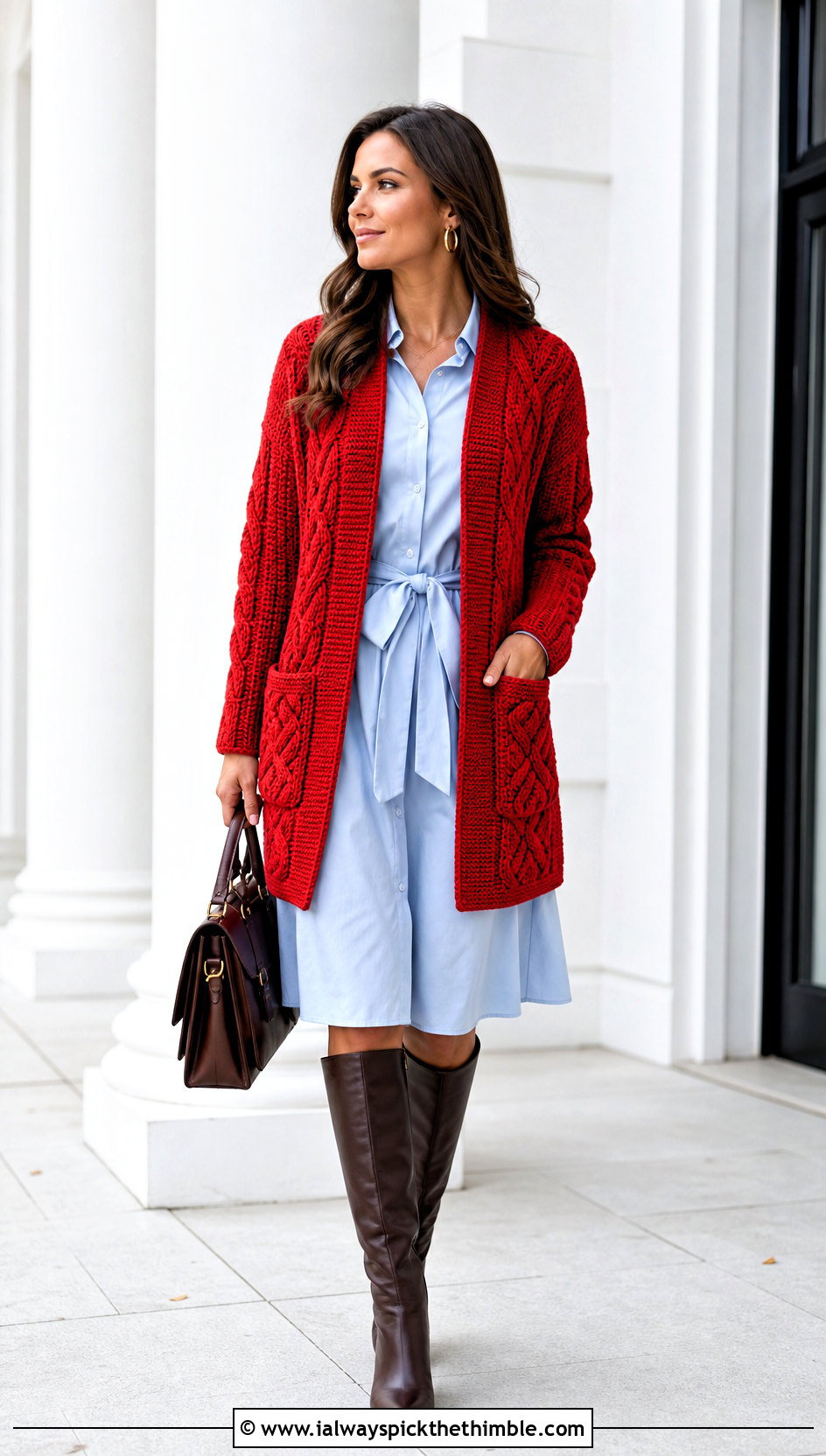 Cable Texture Pocket Crochet Cardigan With Shirt Dress - 25 crochet cardigan with pockets outfit ideas