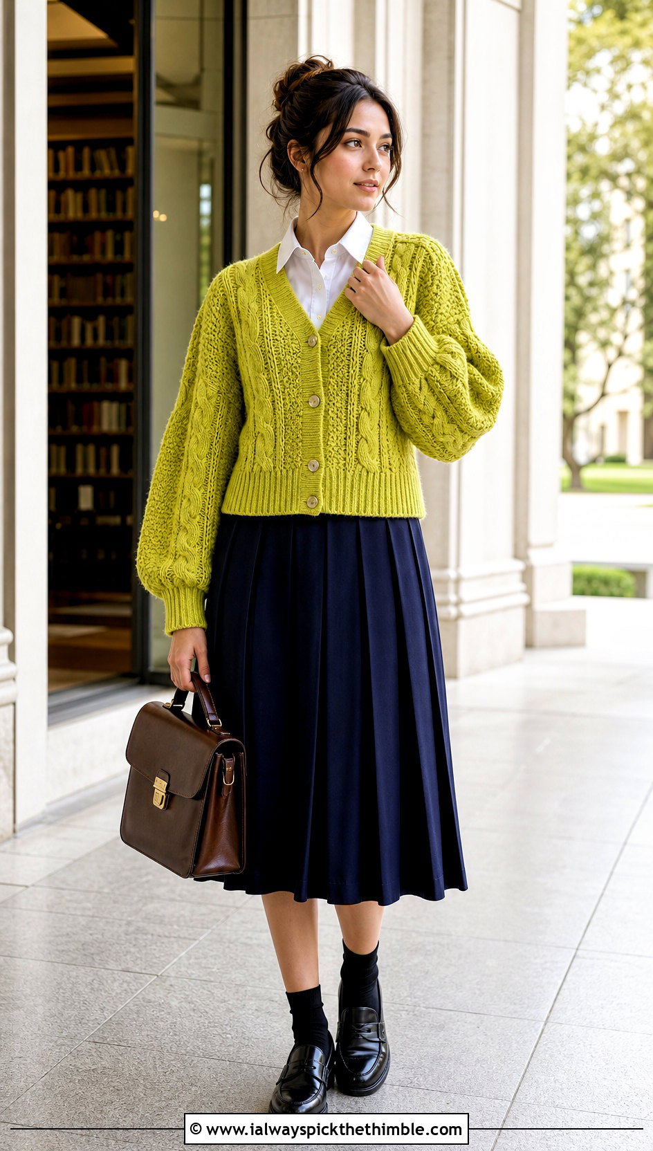 Cable Texture Puff Sleeve Crochet Cardigan With Pleated Midi Skirt - 20 Puff Sleeve Crochet Cardigan outfit ideas