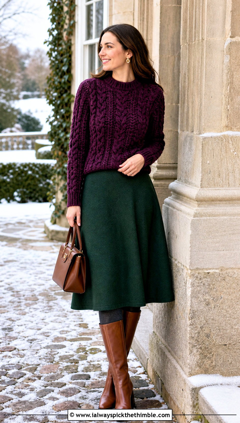 Cable Texture Purple Crochet Sweater With Wool Midi Skirt - 20 Crochet Purple Sweater outfit ideas