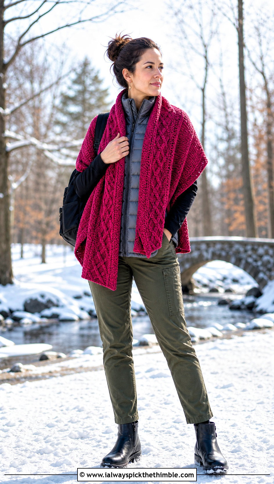 Cable Texture Rectangular Crochet Shawl With Puffer Vest - 20 rectangular crochet shawls outfit ideas