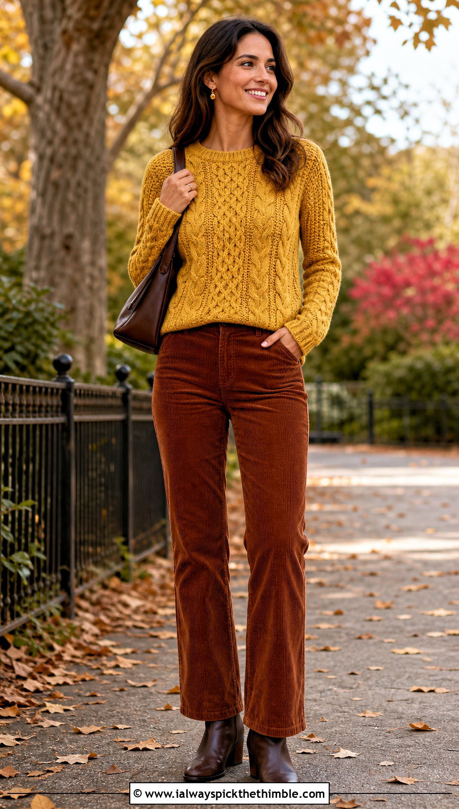 Cable Texture Seamless Crochet Sweater With Corduroy Pants - 20 Seamless Crochet Sweater outfit ideas