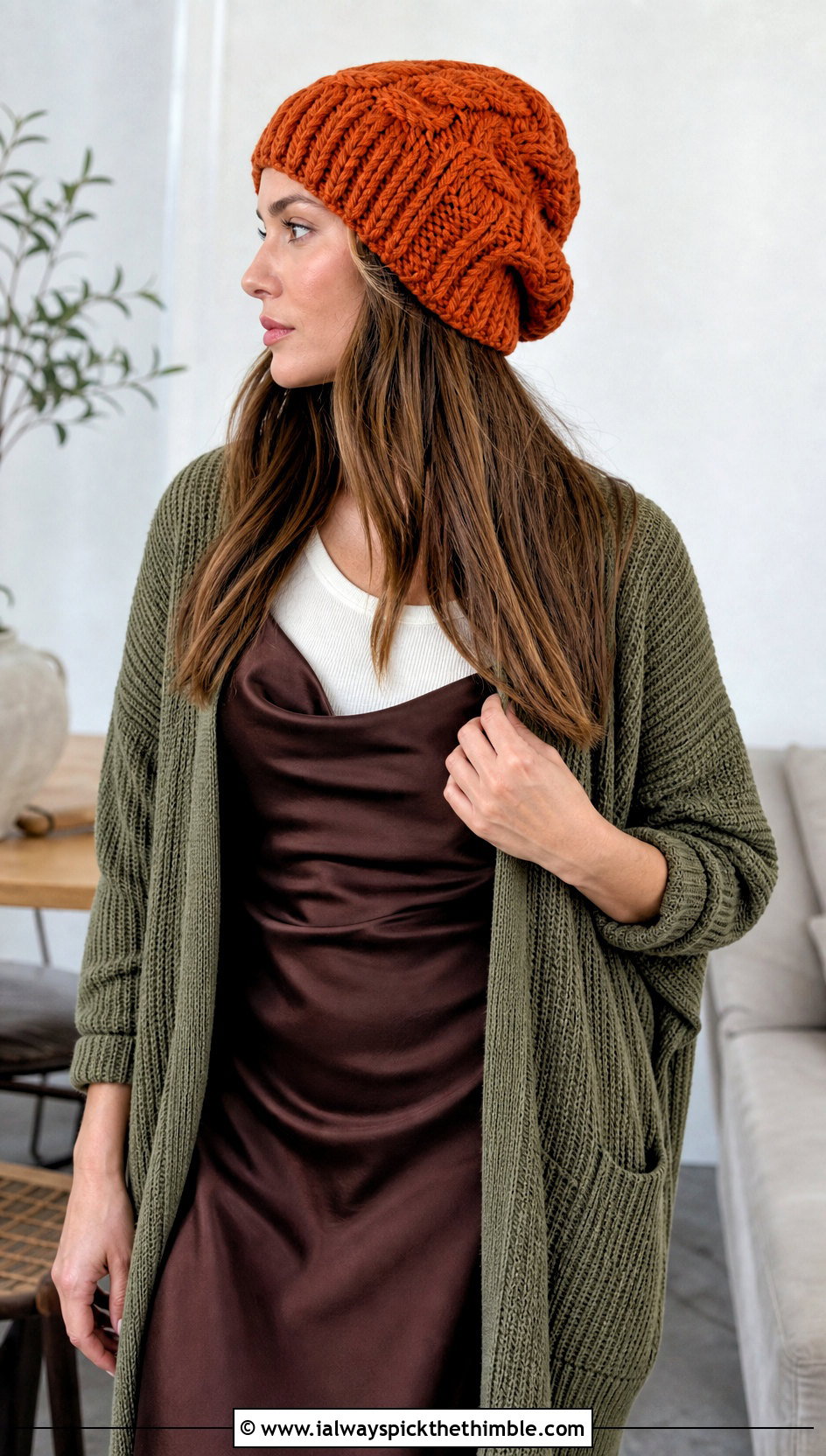 Cable Texture Slouch Crochet Hat With Long Cardigan And Slip Dress - 20 slouch crochet hat outfit ideas