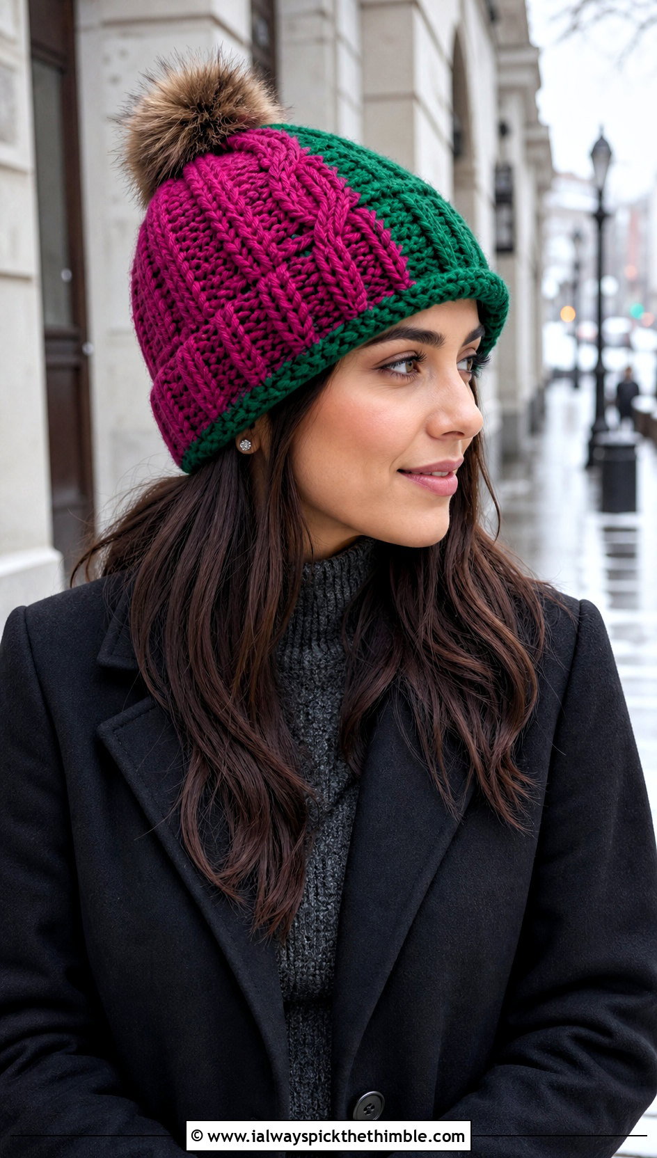 Cable Texture Split Color Crochet Beanie With Sweater Dress - 15 Split Color Crochet Beanie outfit ideas