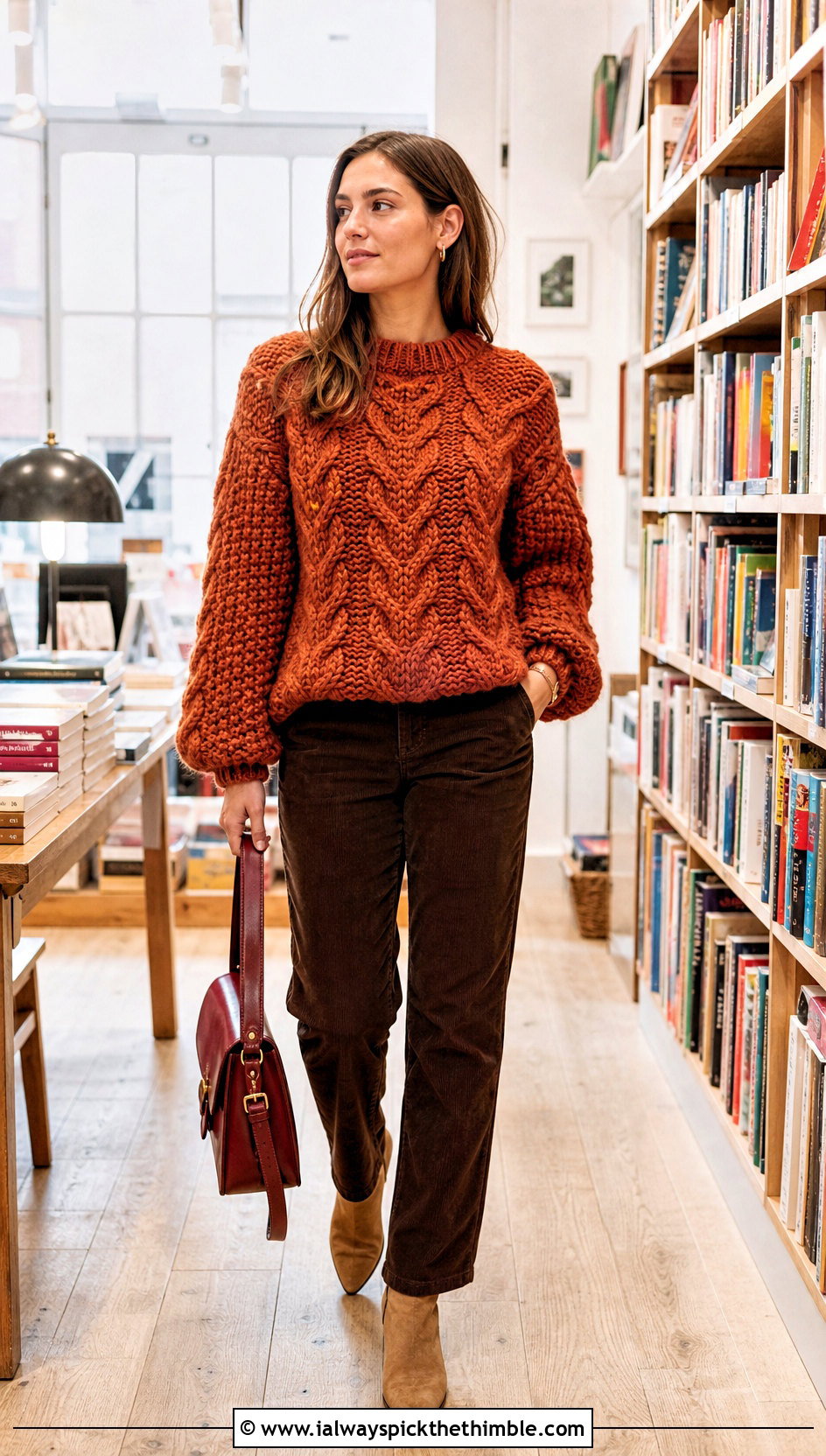 Cable Texture Super Bulky Crochet Sweater With Corduroy Pants - 20 Super Bulky Crochet Sweater outfit ideas